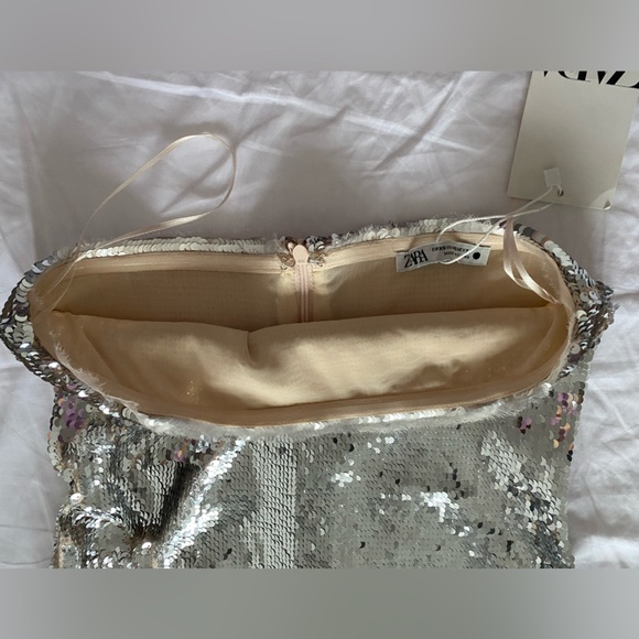 Zara Sequin appliqué Strapless Midi Dress Organza Tulle hem Silver Size XS NWT - Picture 14 of 16